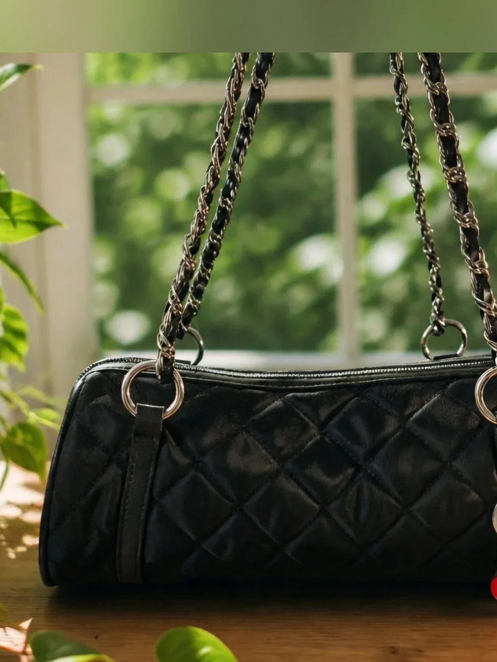 Talbots Black Quilted Barrel Bag Nylon Leather Trim Silver Hardware